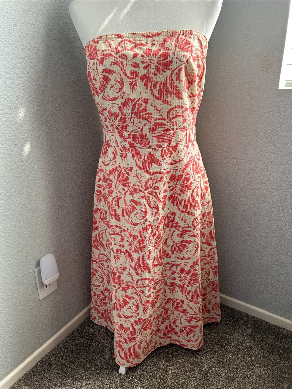 J. Crew Strapless Coral and Cream Floral A-Line Dress